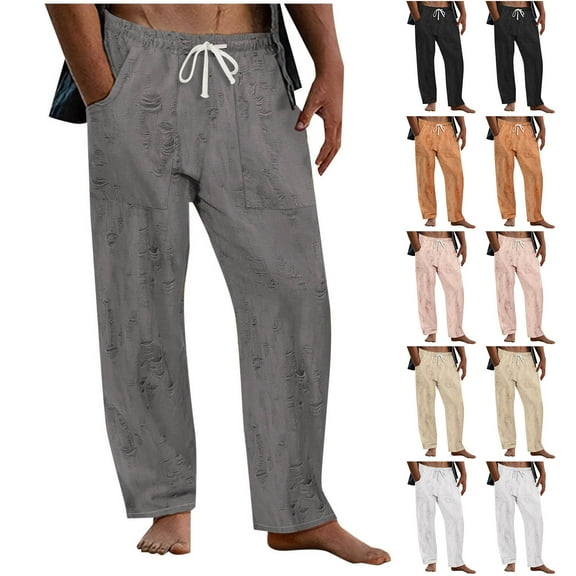 YUGYXL Men's Linen Pants Plus Size Wide Leg Long Pants Drawstring Summer Outdoor Vacation Beach Trousers Open Bottom Pants Black XL