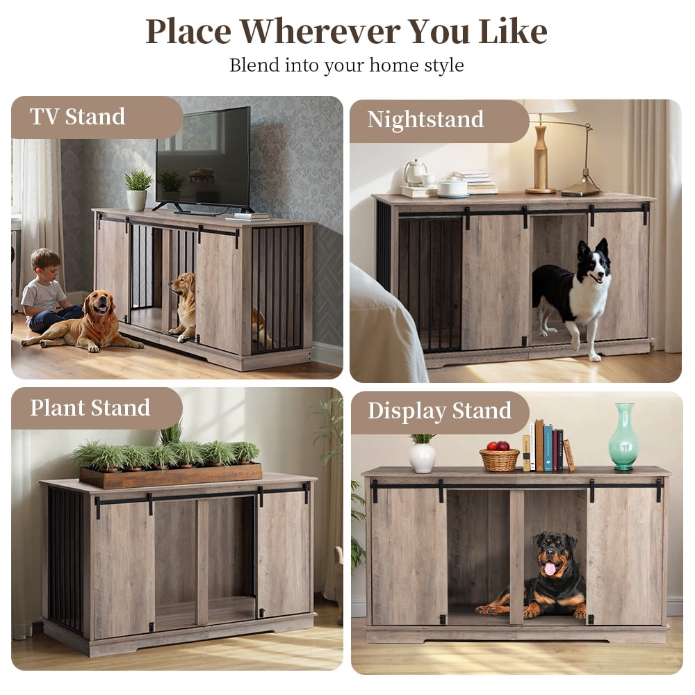 Large Dog Crate Furniture with 2 Divider End Table, DOMIPET Wooden Indoor Dog Kennel TV Stand, Metal Tube & 2 Lockable Barn Door