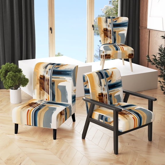 Designart "Contemporary Blue and Gold Abstraction II" Blue Abstract Upholstered Accent Chair - Modern Arm Chair For Living Room