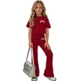 thumbnail image 5 of akafmk Fashion Girls Summer Outfits Round Neck Short Sleeve Tshirts Flare Pants Casual Outdoor Vacation Matching Sets 5-15 Years, 5 of 7