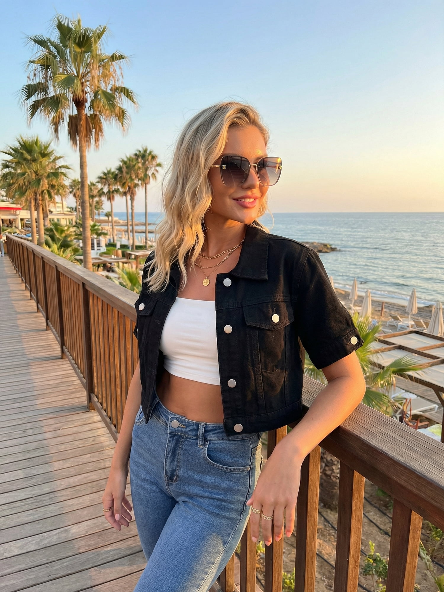 DARING DIVA Women's Short Sleeve Denim rendy Cropped Jean Jacket L Black