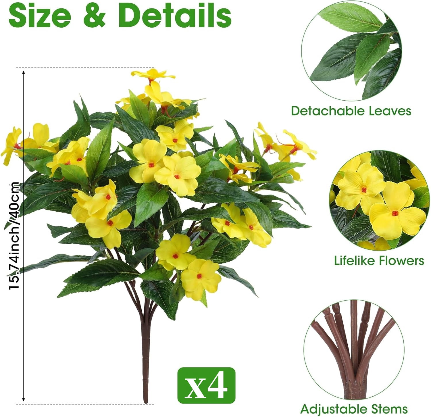 Topboutique Artificial Impatiens Flowers for Outdoors 4 Pcs 7 Branches Silk Flowers Greenery Bouquet Faux Yellow Flowers Plants Fake Plant for Planter Front Door Porch Patio Table Indoor Decor