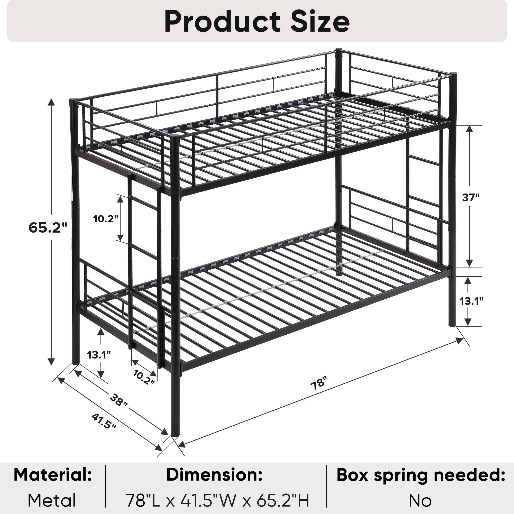 Aukfa Metal Bunk Bed Twin over Twin, Able to Split Two Beds for Kids Teens Dorm - Black