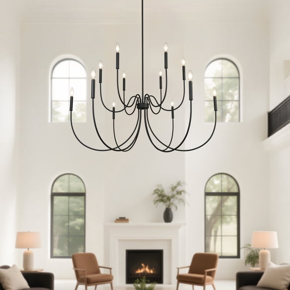 LNC Dolohovstrout 47.2'' 12 -Light Matte Black Bare bulb Metal Chandelier