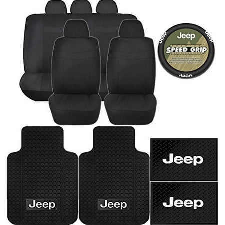 13pc Jeep Mopar Black Rubber Floor Mats Steering Wheel Classic BLACK Seat Covers