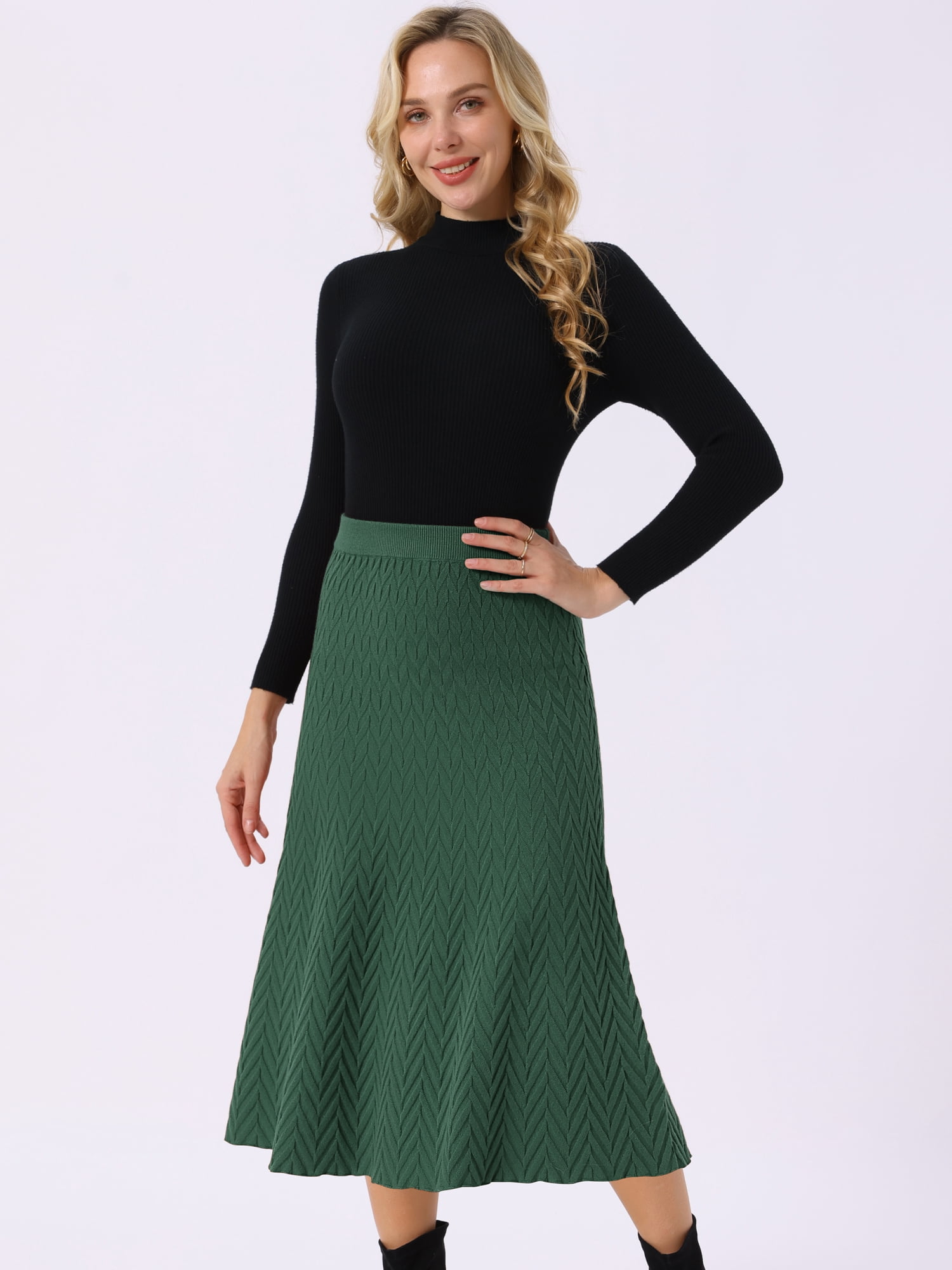DARING DIVA Women's A-Line Skirts Stretchy Sweater Midi Skirt X-Large Army Green