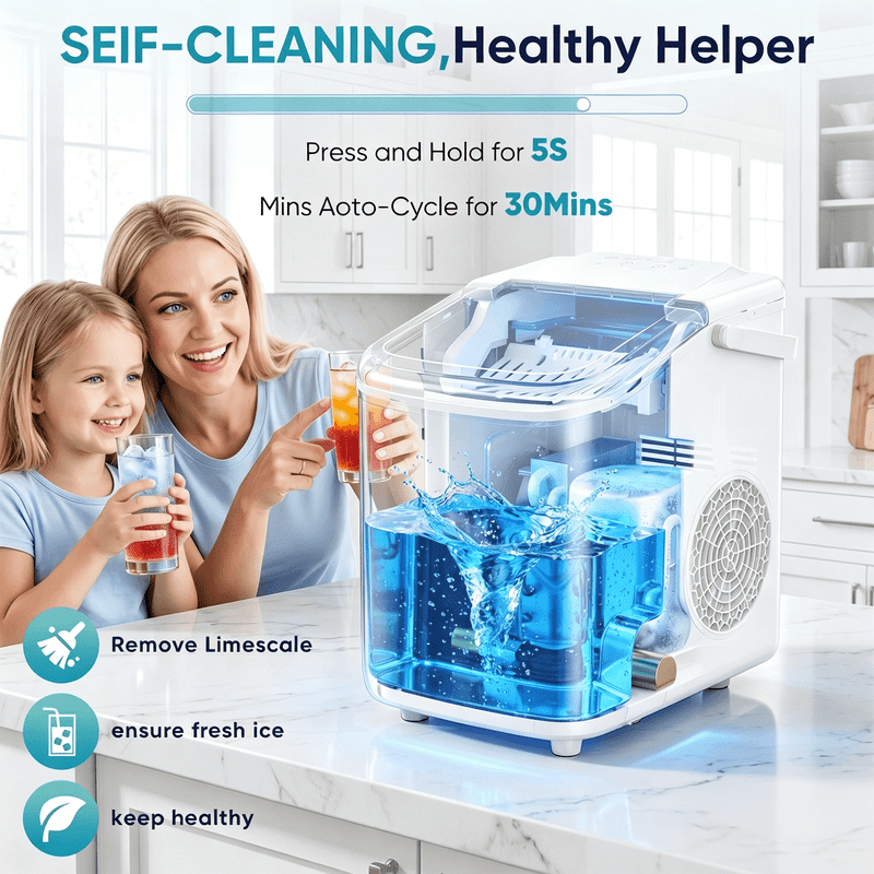 Portable Countertop Ice Maker with Handle, Self-Cleaning Bullet Ice Maker, 9 Ice Cubes Ready in 6 Minutes, 26lbs/24H, Eco-Friendly with Ice Scoop & Basket for Home, Office, Bar, Party, RV (White)