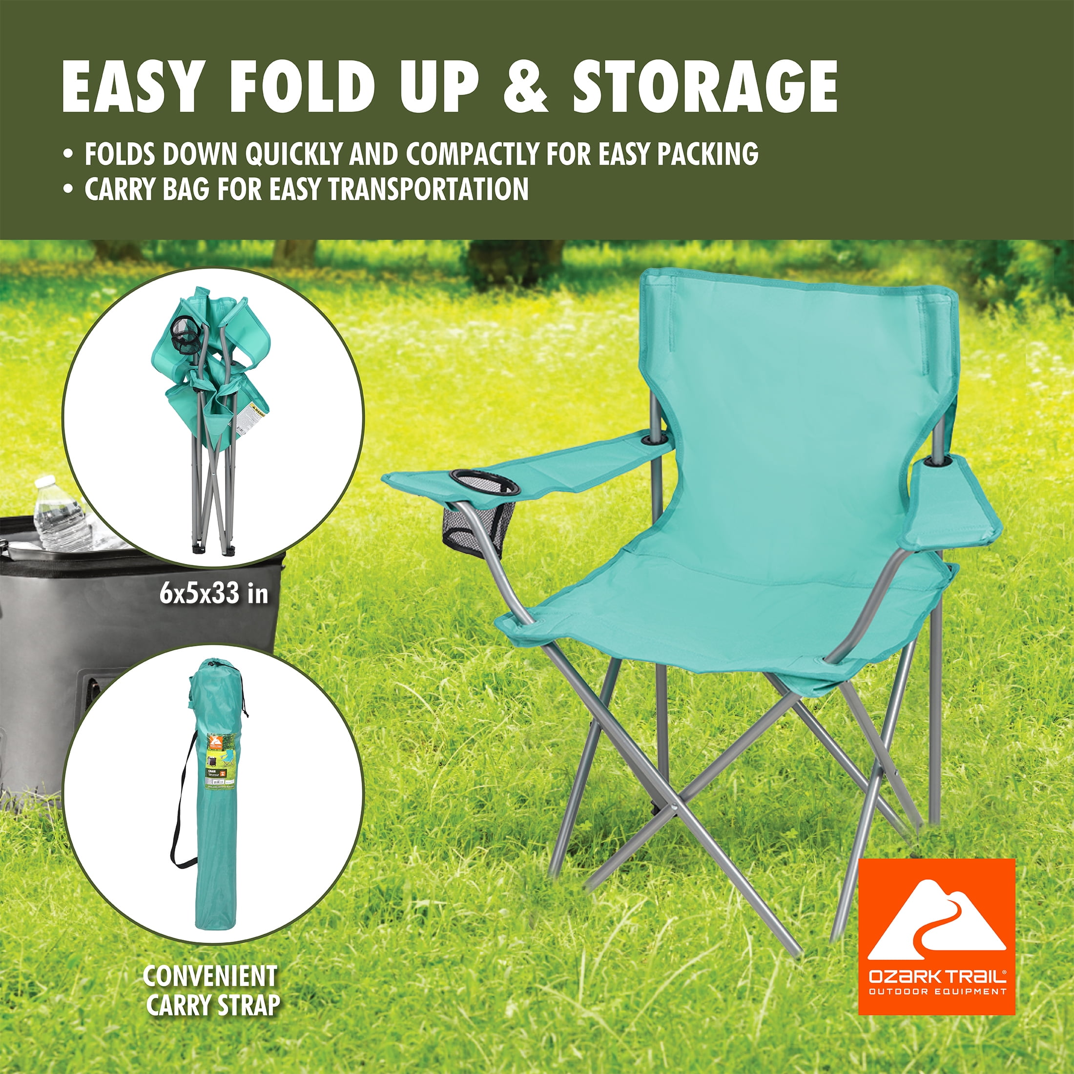 Ozark Trail Quad Folding Camp Chair with Cup Holder, Green Sea