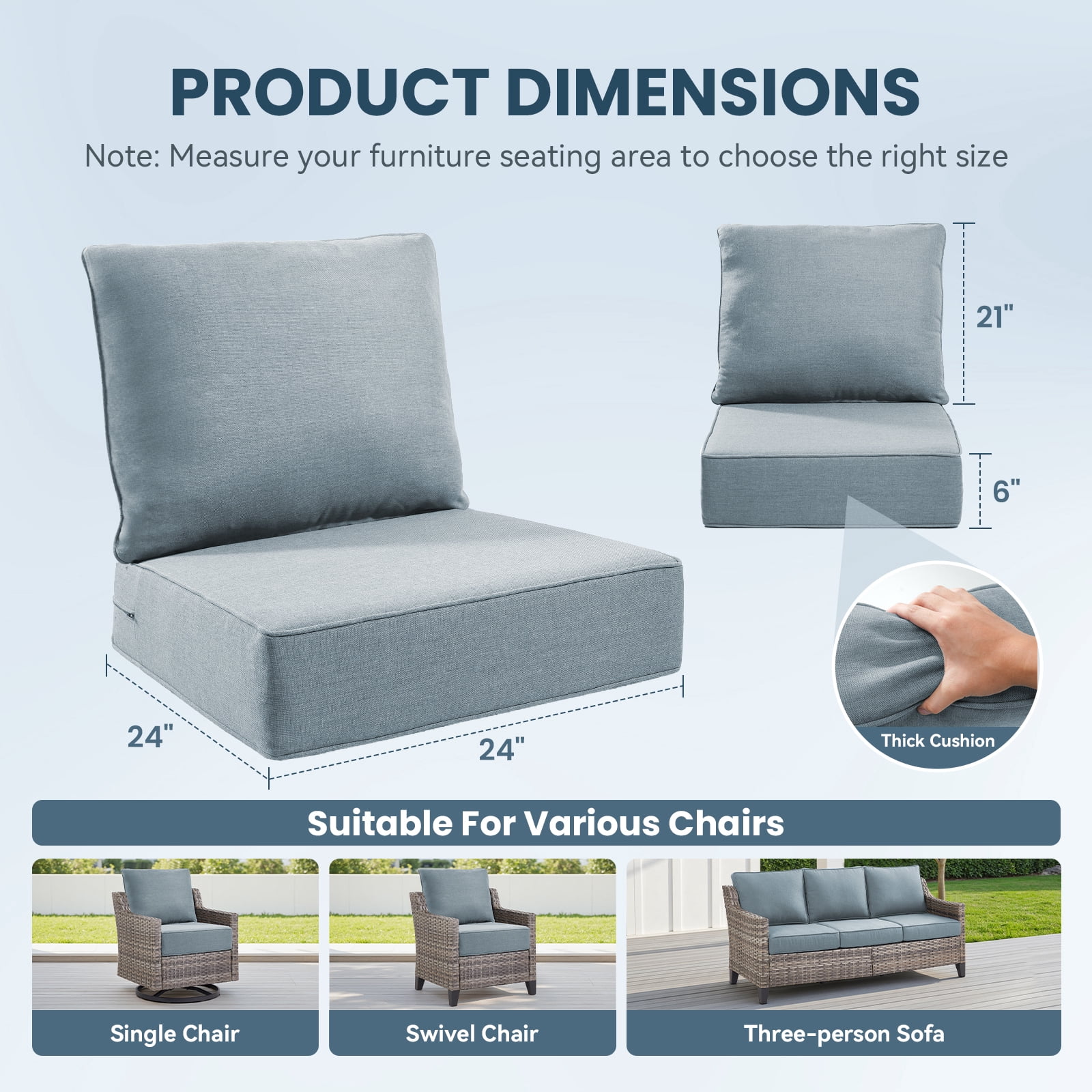 Jentlehouse Outdoor Deep Seat Cushion 24" X 24" X 6" for Patio Furniture,Outdoor Chair Cushions Water & Fade Resistant Patio Furniture Cushions for Wicker Chair, Sofa, Couch, Baby Blue (Set of 4)