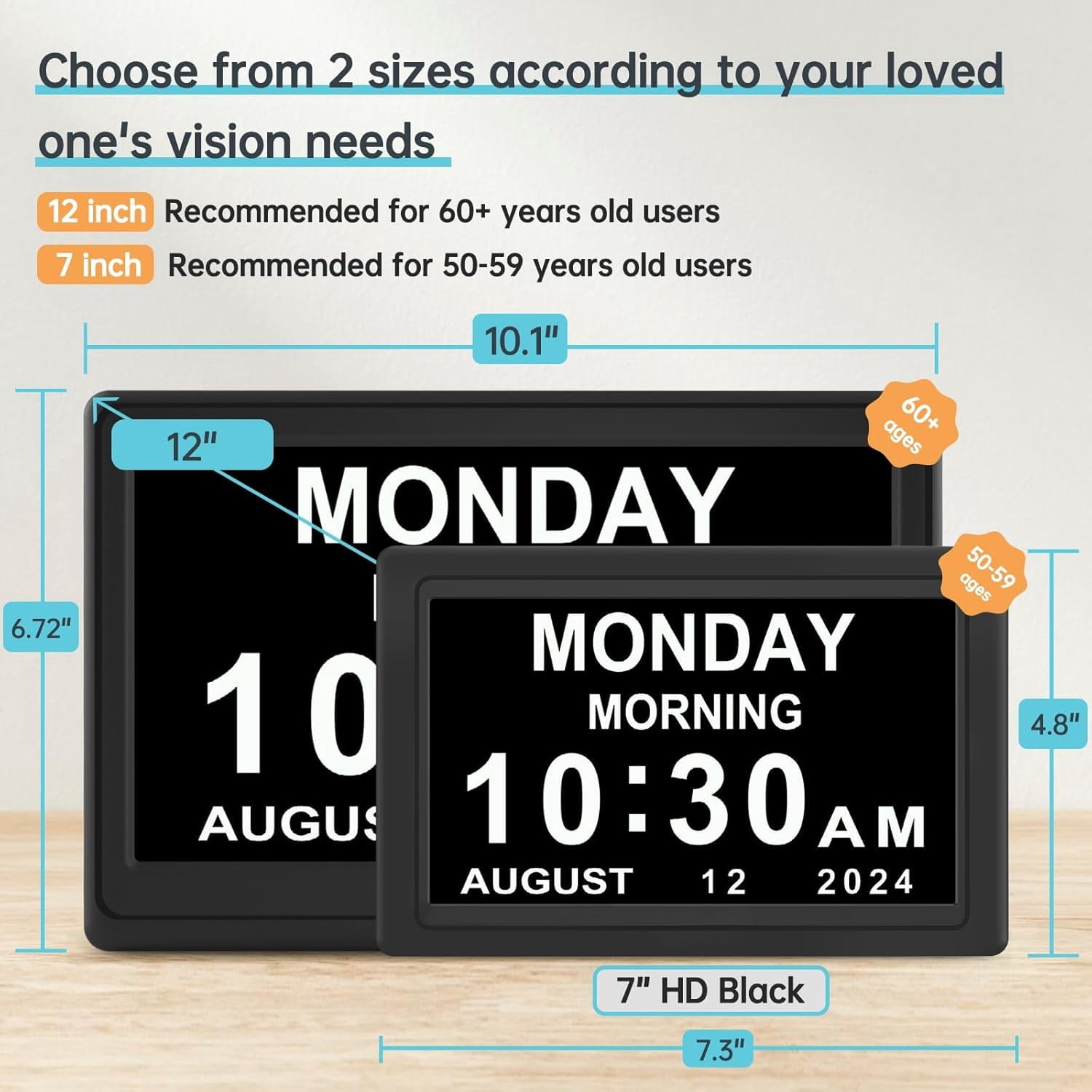 12” Dementia Digital Clock for Seniors Extra Large, 20 Alarm Reminders Date Day Time Display for Elderly Memory Loss Alzheimers, Electric Calendar Clock, Auto DST, 1024 * 600P HD