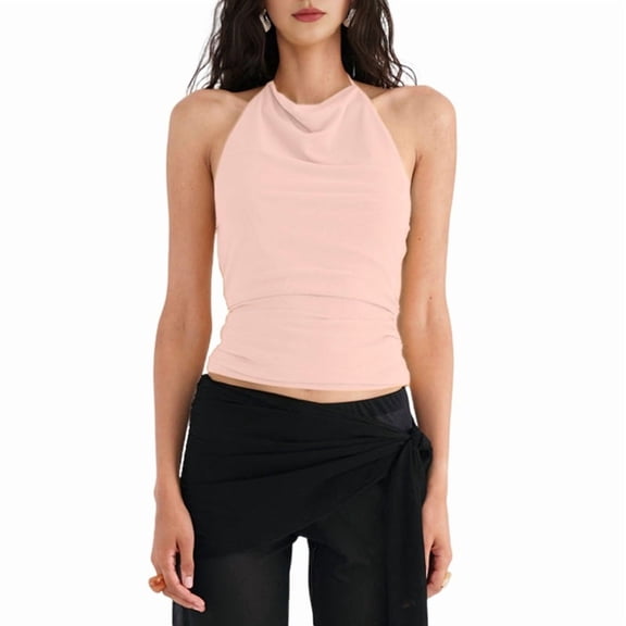 Women'S Casual Halter Neck Draped Front Open Back Tank Top Light Pink M