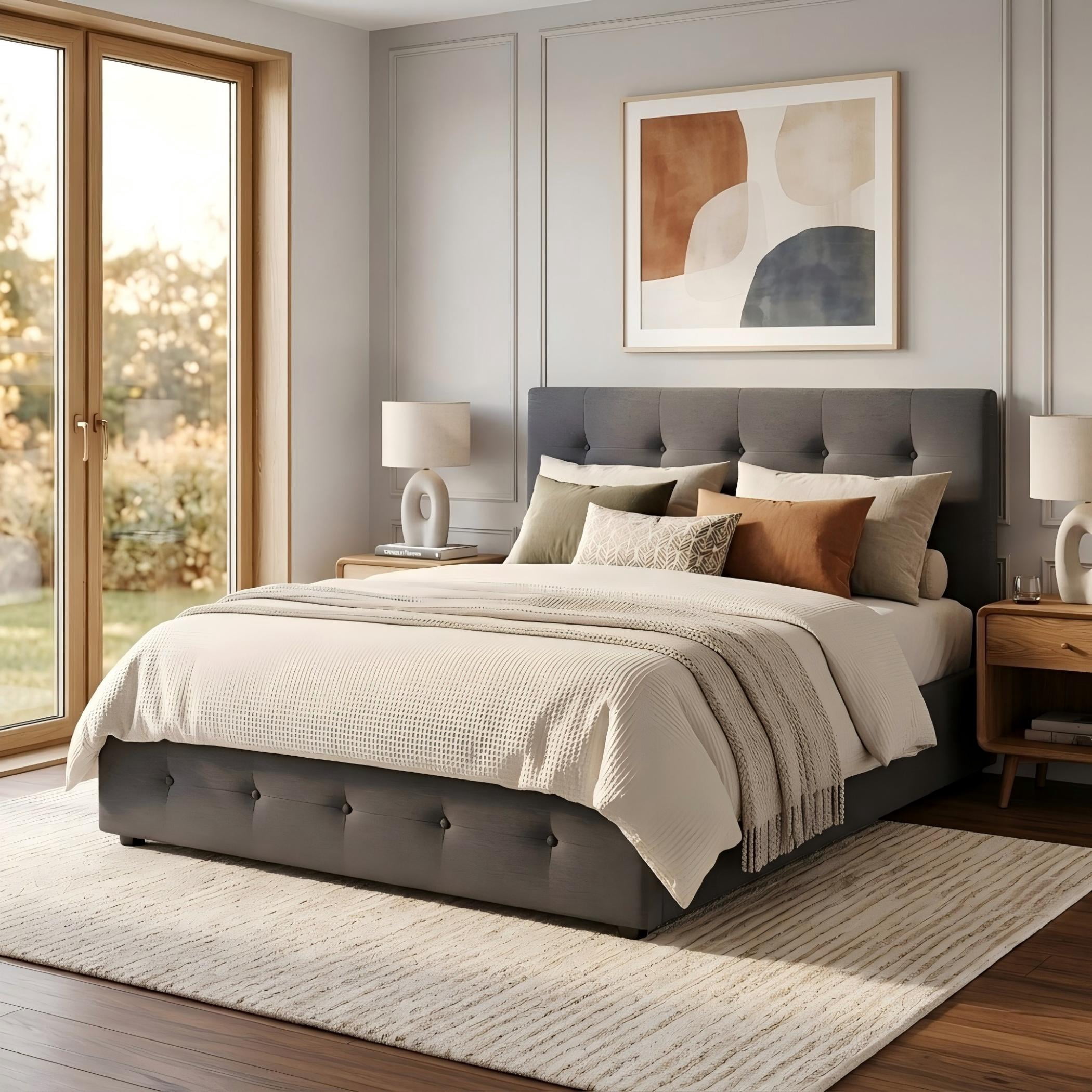 Aukfa Queen Upholstered Platform Bed with Twin XL Trundle and 2 Storage Drawers, Linen Fabric Tufted Headboard & Footboard, Drak Gray