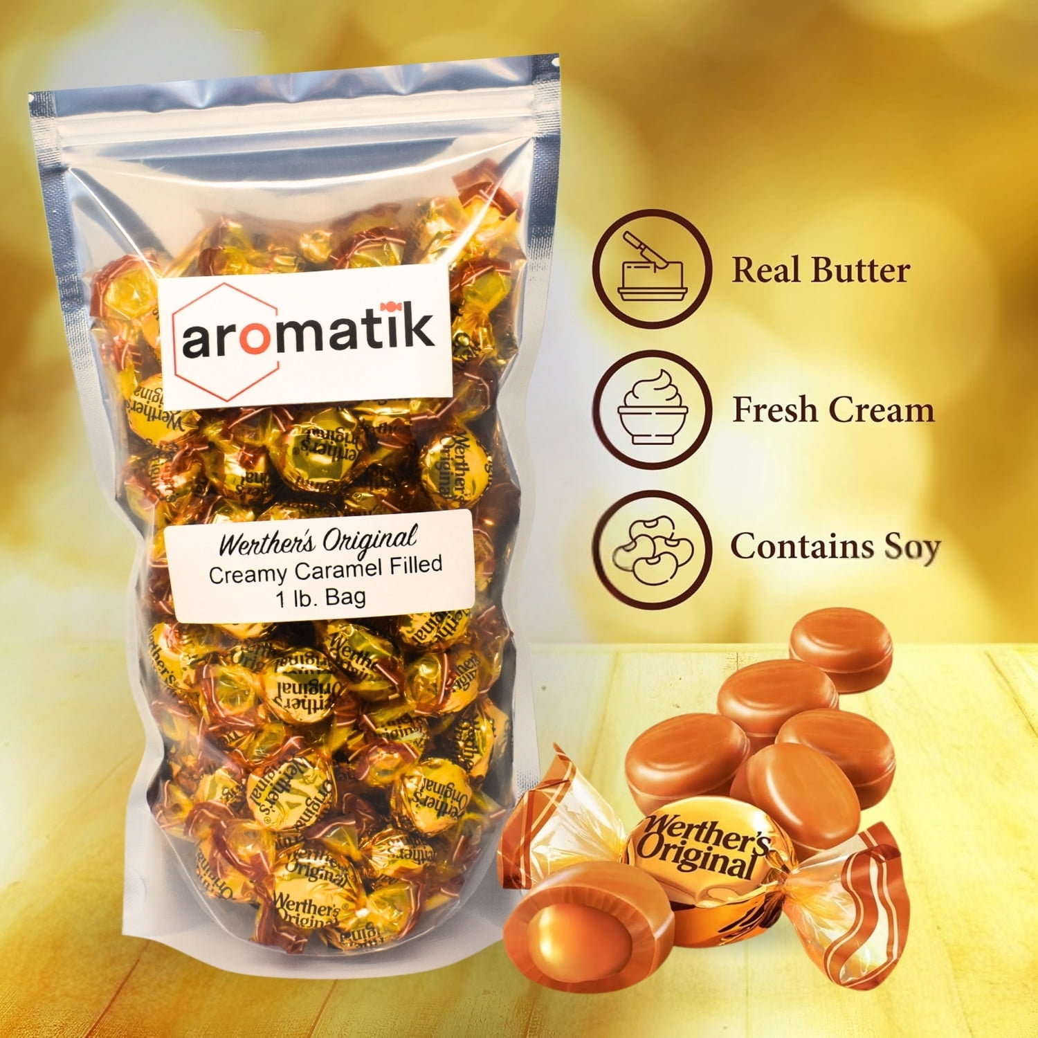 Bulk Werthers Original Hard Candy | Bulk Candy Individually wrapped | Werthers Caramel Candy | 1 lb Individual Flavor Bag | Ships in an Aromatik™ Resealable Pouch (Creamy Caramel Filled)