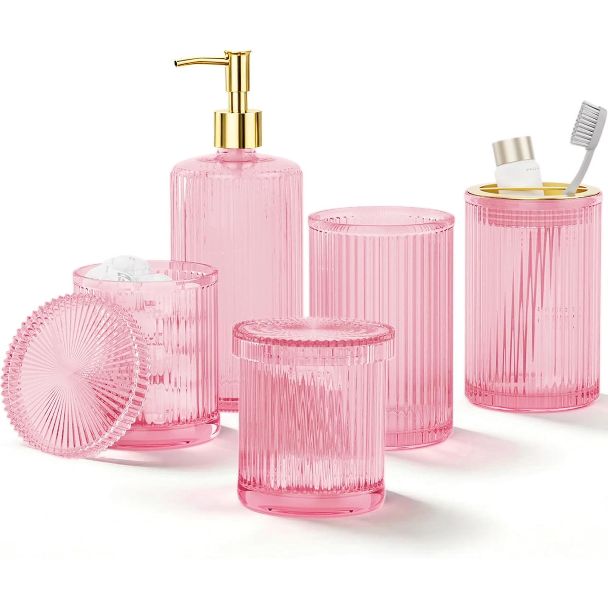 Pink Glass Bathroom Accessories Set 5 Piece Vintage Ribbed Soap Dispenser Toothbrush Holder Tumbler Qtip Jars Cute Aesthetic Vanity Organizer for Home Restroom Countertop Decor