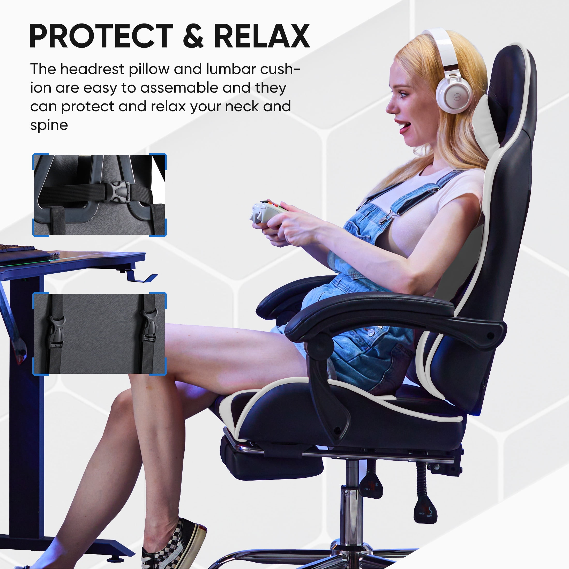 EDX Ergonomic Gaming Chair High Back Office Chair with Lumbar Support and Adjustable Armrests Swivel Racing Chair, Black and White
