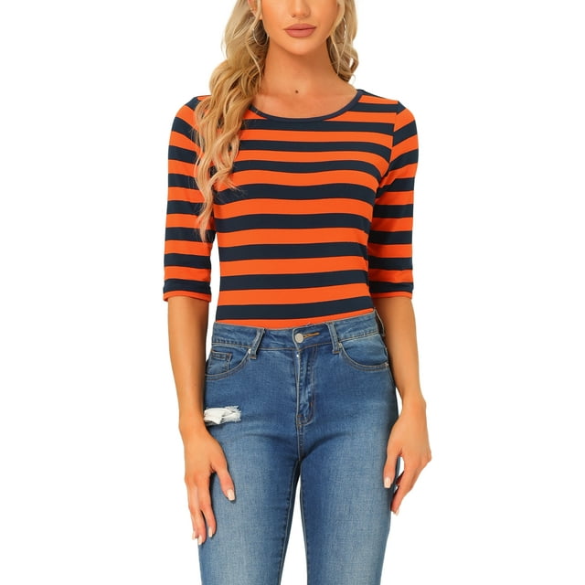 INSPIRE CHIC Hauts pour Femmes Non Doublés Col Rond Manches au Coude Coupe Ajustée T-Shirt Décontracté S Orange Bleu Marine