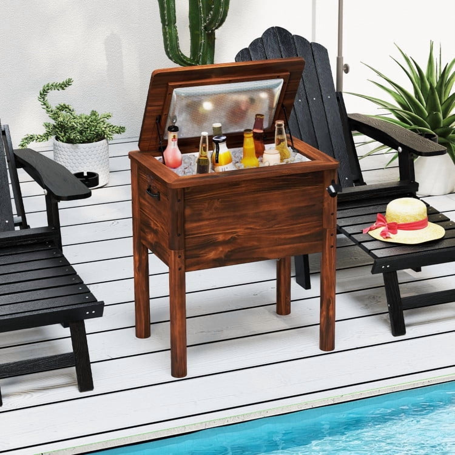 YYAo Cooler Ice Chest, Insulated Cooler,Wooden Patio Cooler with 3 Handles and Bottle Opener-Brown