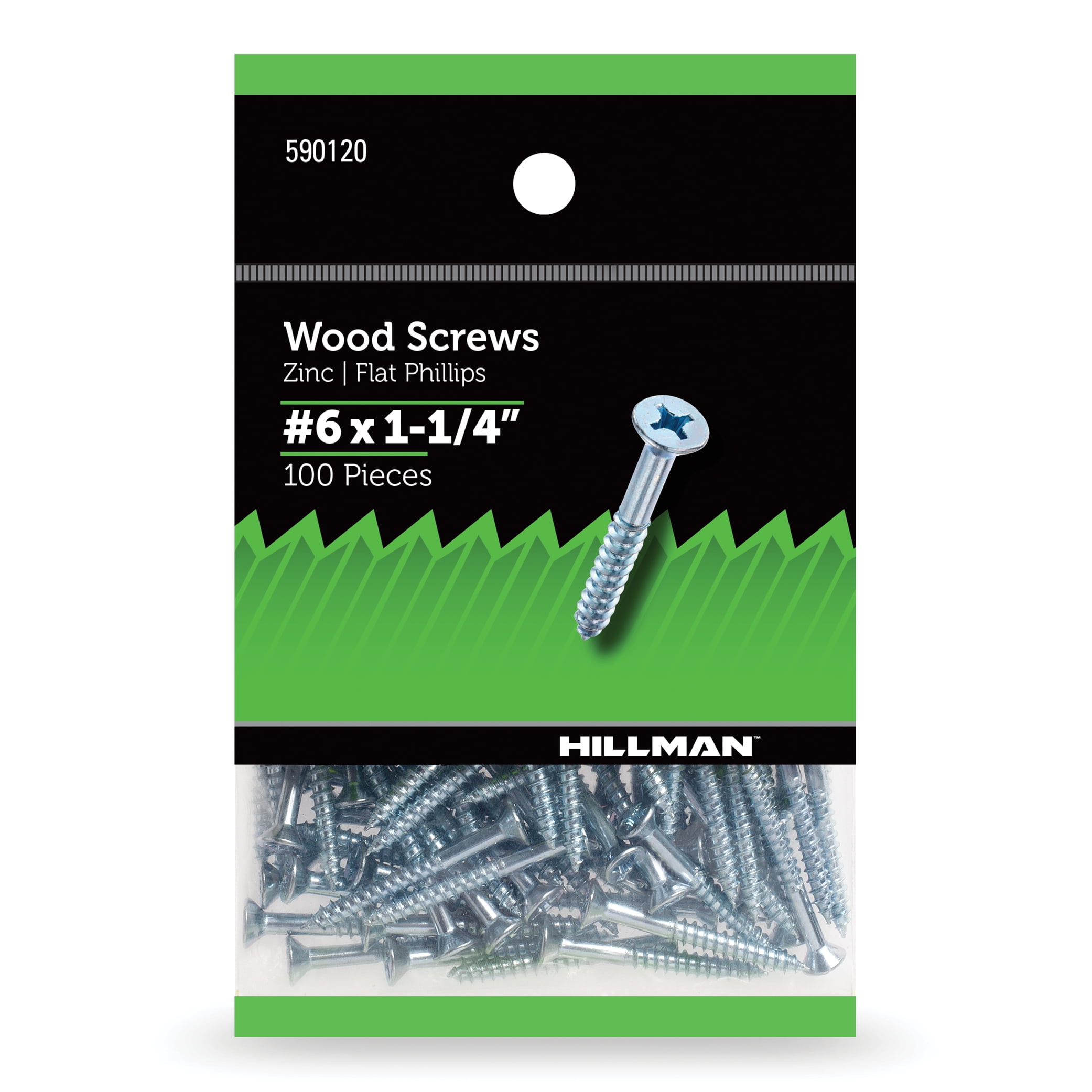 Hillman Wood Screws, #6 x 1.25", Flat Phillips, Zinc Plated, Steel, 100 Pieces