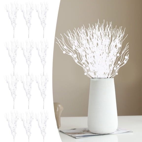 ZFSBZBS 12 Pcs 17 inch Artificial Pearl Stems Ornaments Glitter Curly Sticks Branches for Wreath DIY Crafts Vase Filler Home Party Decoration (Without a Vase),White