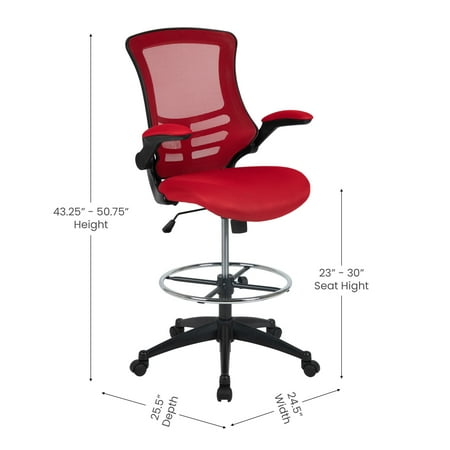 Flash Furniture - Mid-Back Mesh Ergonomic Drafting Chair with Adjustable Foot Ring and Flip-Up Arms - Red Mesh