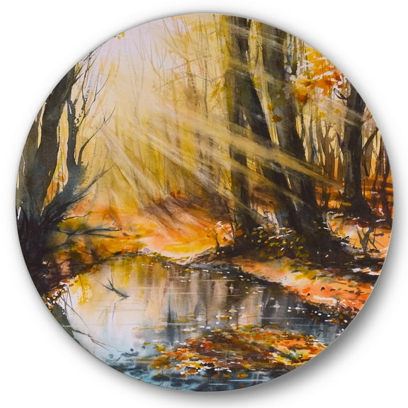 Designart 'Bright Sunshine Through The Brown Forest Trees' Lake House Circle Metal Wall Art 36x36 - Disc of 36