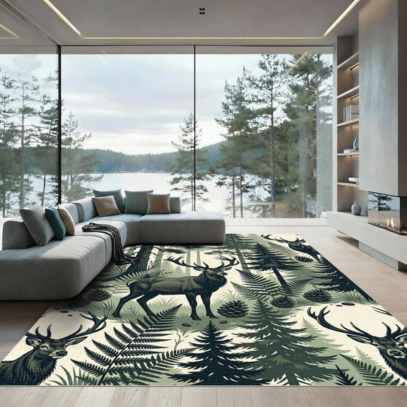 ODIKA 4'x6' Machine Washable Non-Slip Area Rug, Rustic Forest Green High Traffic Rug, Green, 992910