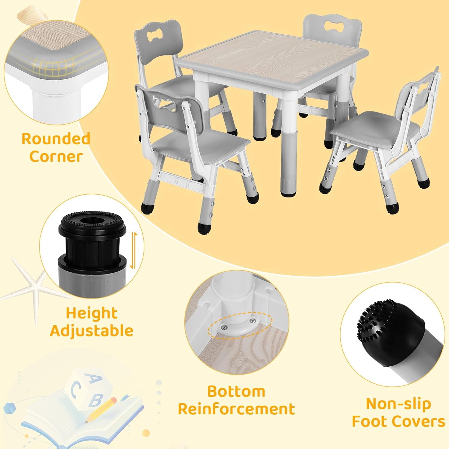 LAZY BUDDY Kids Table and 4 Chairs Set, Height Adjustable Toddler Desk and Chair Set with Graffiti Desktop, Children Multi-Activity Table for Classroom/Daycare/Home