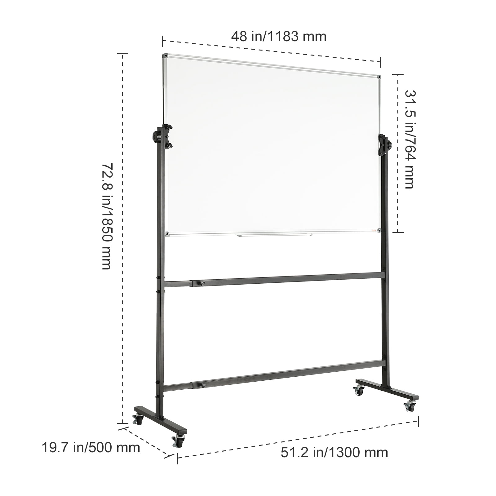 VEVOR Rolling Whiteboard, 48x32 inch Double-Sided Magnetic Mobile Whiteboard, 360° Reversible Adjustable Height Dry Erase Board with Wheels & Movable Tray for Office School