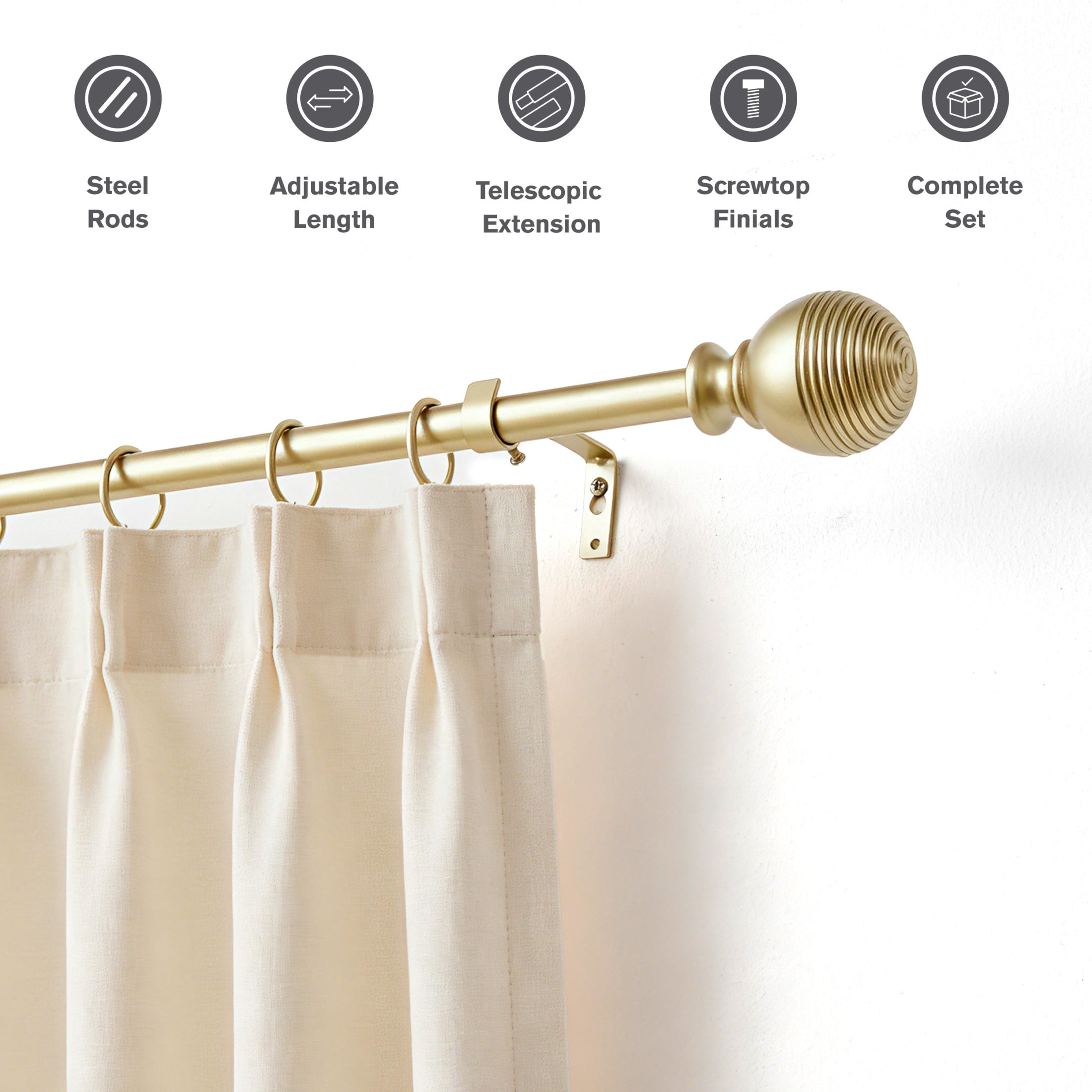 Brookstone Square 3/4 in Adjustable Double Curtain Rod Set with Finials 48" - 84" Gold
