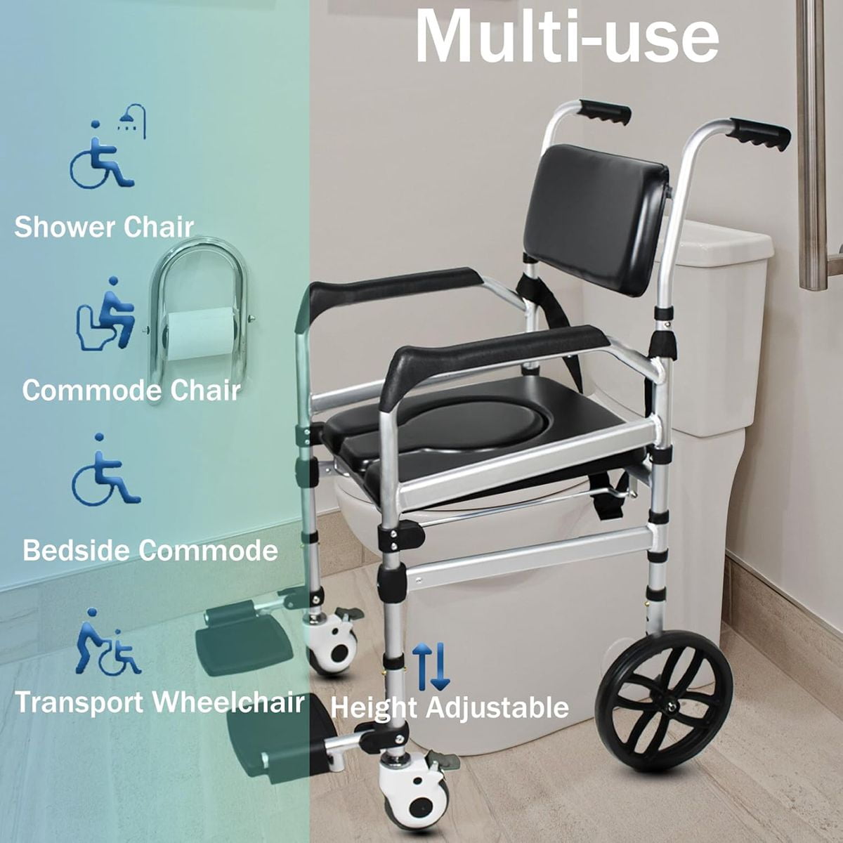 Magicorange Folding Bedside Commode with Bucket & Wheels, 350lbs Load Capacity Padded Mobility Shower Chair with Soft Backrest for Senior & Handicap