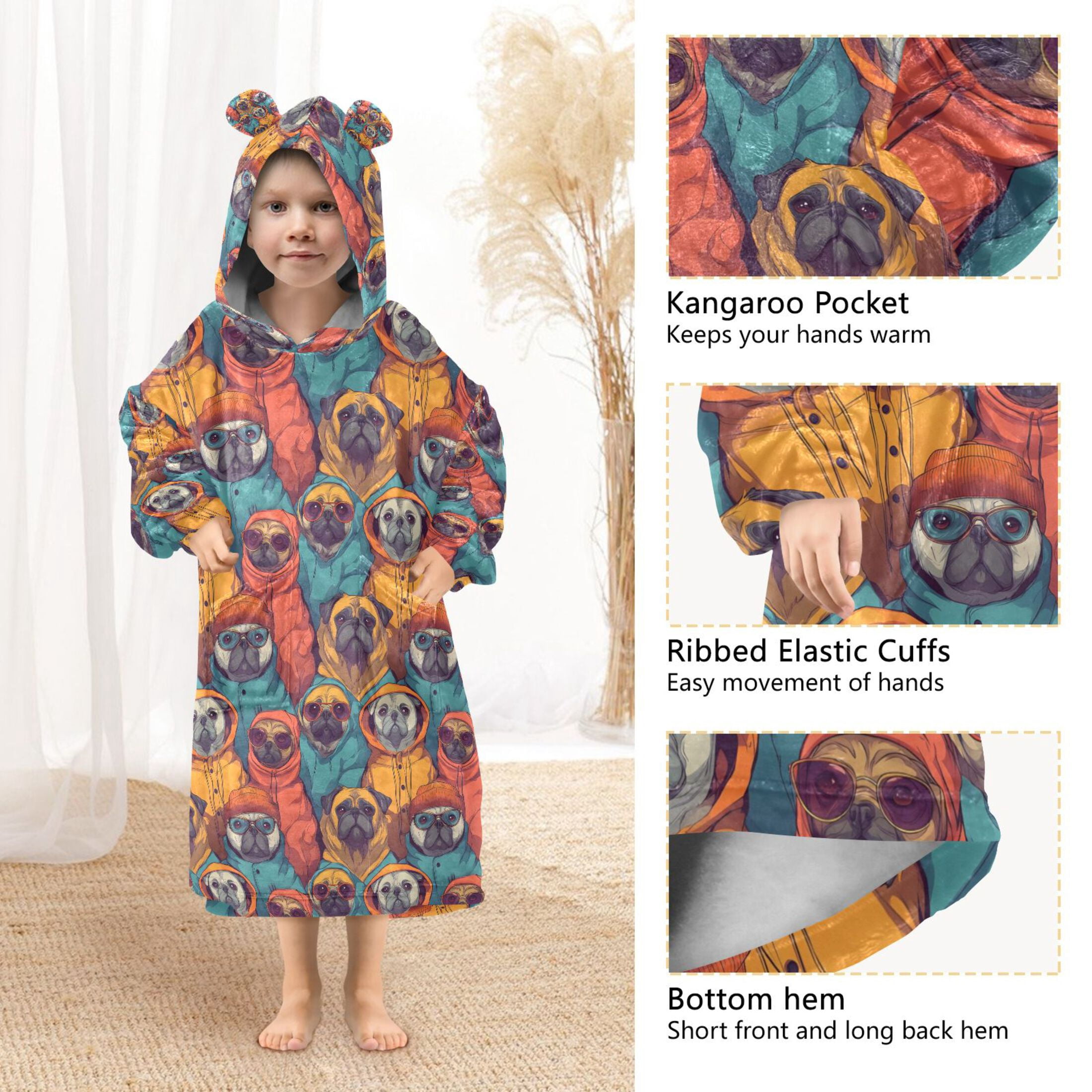 joogoo Blanket Hoodie for Trendy Pug and Bulldog Oversize Sweatshirt 3-14 YR L