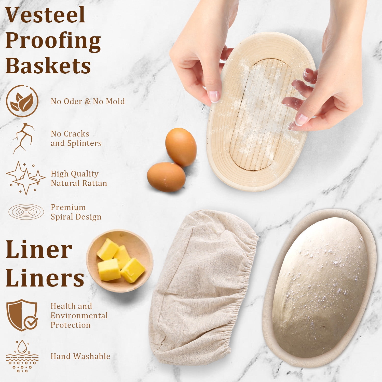 Vesteel Bread Proofing Basket Set of 2, 10 inch Oval Banneton Bread Baking Baskets with Liner, Baking Supplies Tools Included for Fermenting Baking Dough