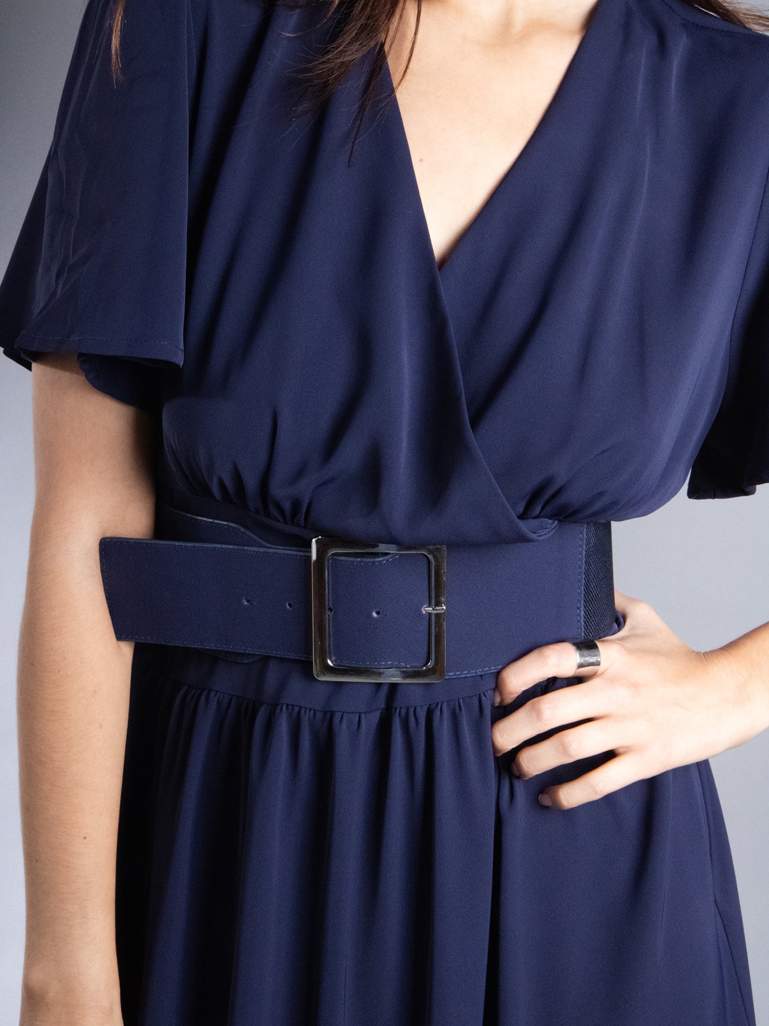 DARING DIVA Women's Elegant Flutter Sleeve Midi Dress S Navy