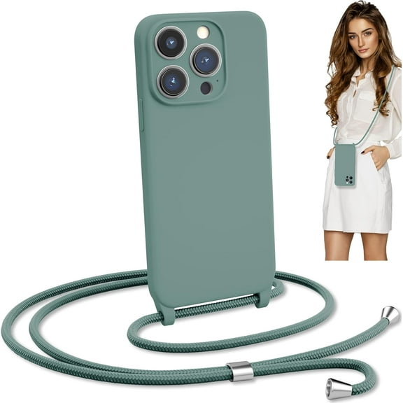 Crossbody Lanyard Strap Case for iPhone 14 Pro Max, Neck Cross Body, Adjustable Holder Removable, Drop Protection Shockproof,Hands-Free Silicone Case 6.7 inch,150 cm Strap, iP14PM-Pine Green