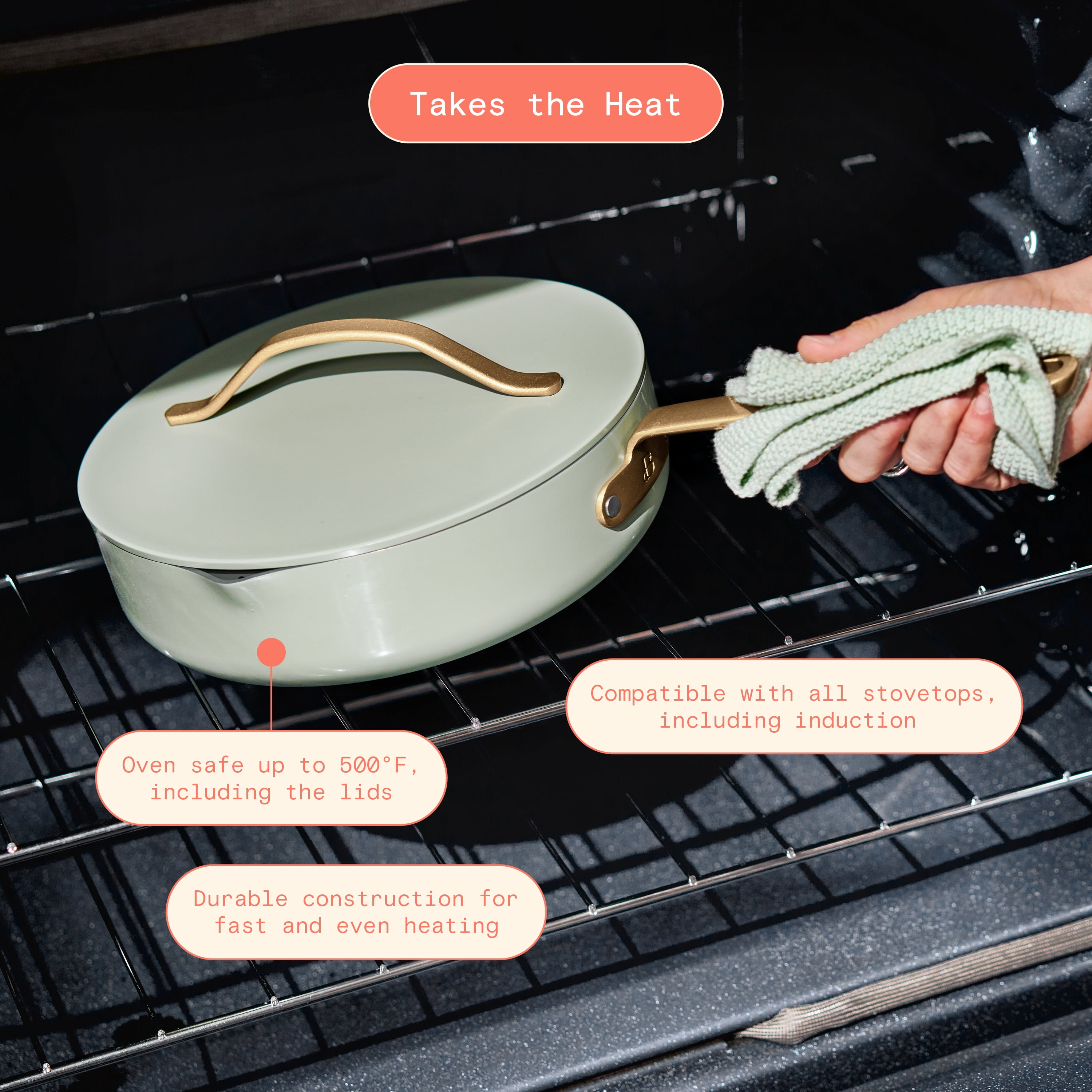 Beautiful 5.5 Quart Saute Pan with Strainer Lid and EverGood Nonstick Coating, Sage Green by Drew Barrymore