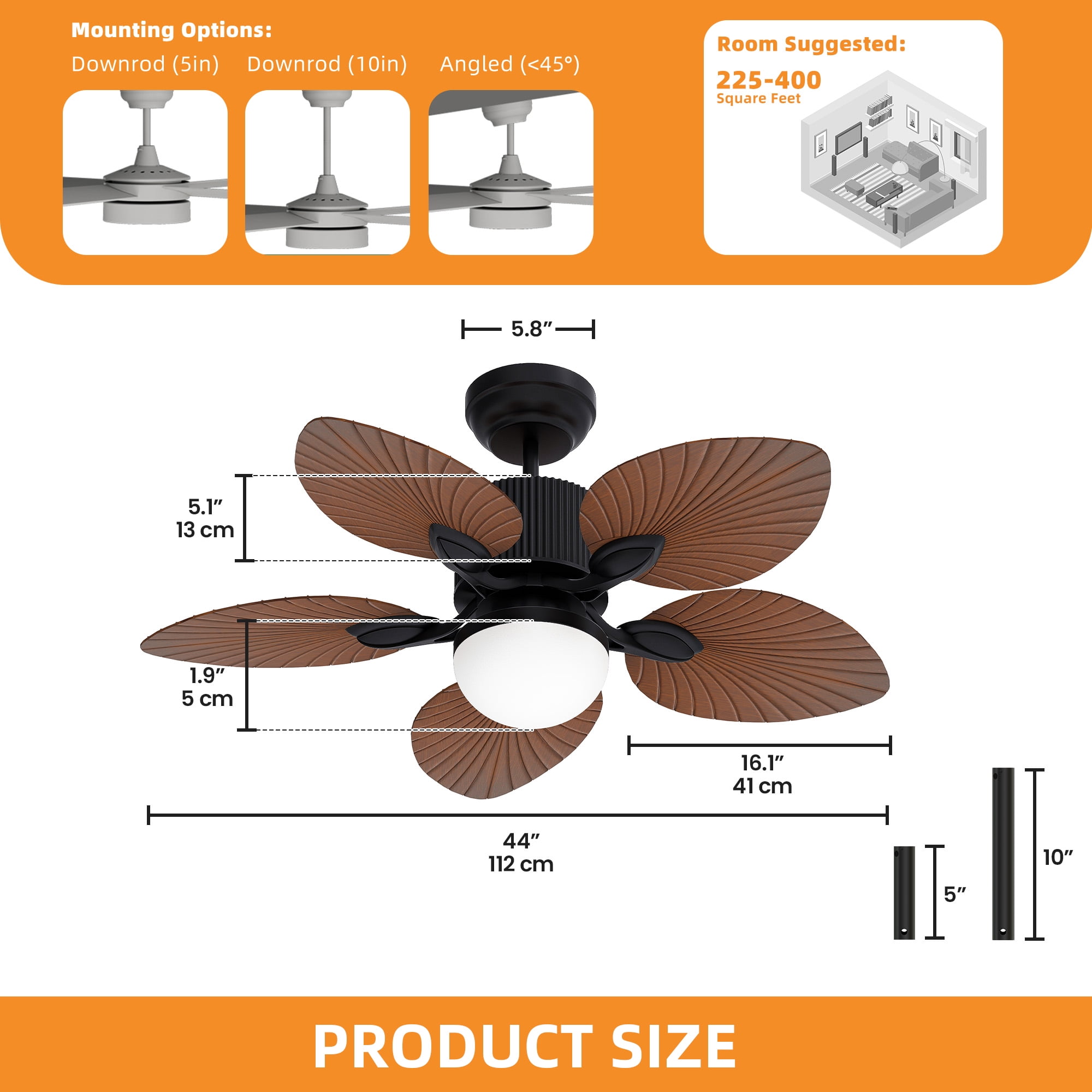 Craftian 44"  Tropical Ceiling Fan with Lights and Remote,5 Palm Leaf Blades, 3-Color LED, Timer & Memory, Indoor/Outdoor - Walnut