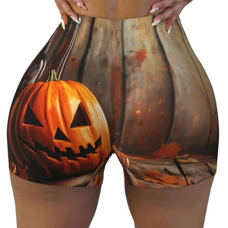 Workout Shorts Women  Halloween Pumpkin Beer A Biker Shorts for Women Running Gym Spandex Shorts Tummy Control