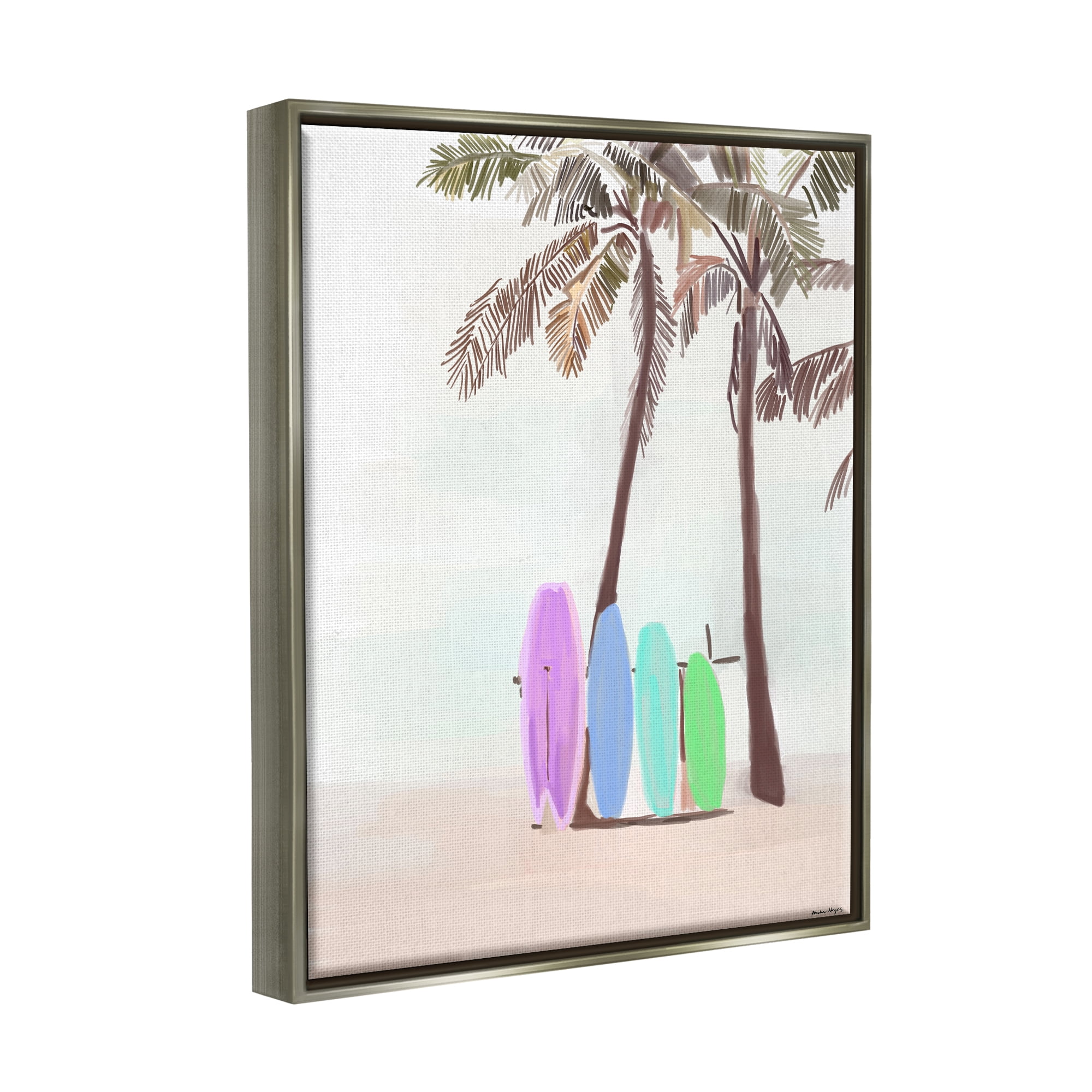 Stupell Industries Surfboards on Palm Trees Sports Painting Gray Floater Framed Art Print Wall Art, 17 x 21
