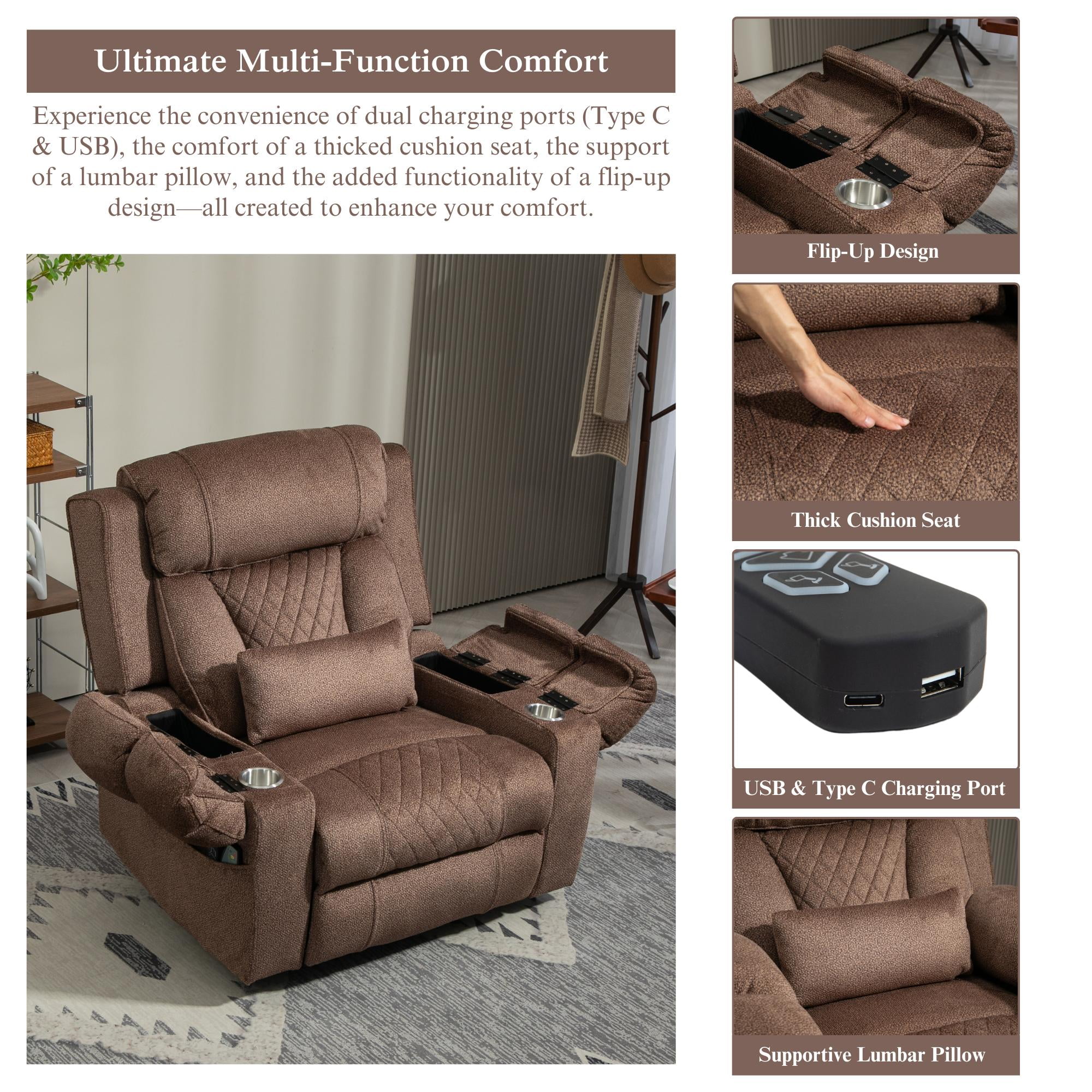 Lift Chair for Elderly Big Man Recliner Adult 28-Inch Wide Seat – Lay Flat Lift Recliner with Heat Massage - Flip Arm Storage Cup Holders - USB Type C Charging - Big Tall 400 lbs