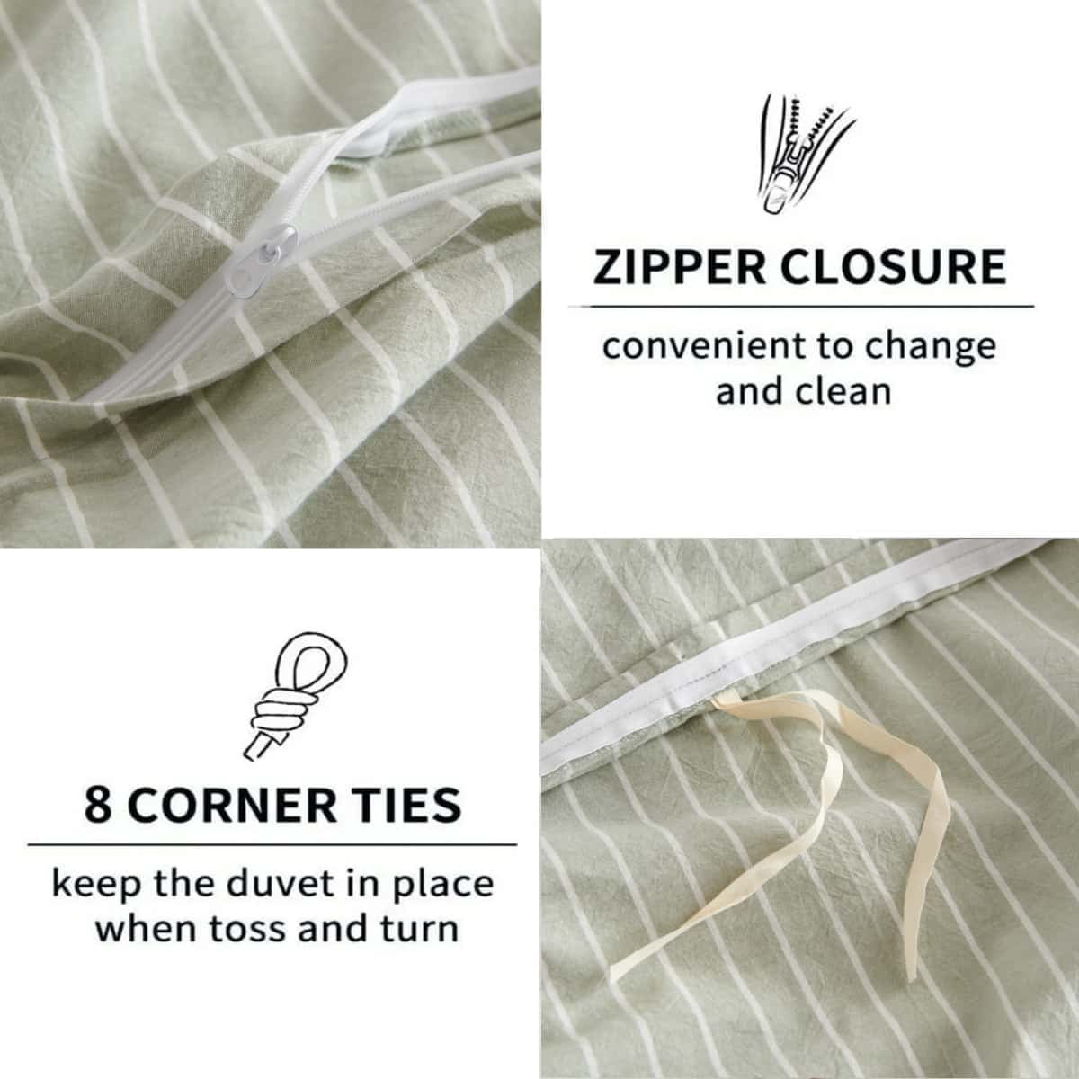 NAYOROOM 100% Cotton Duvet Cover Queen Set, 3-Piece Breathable Comforter Cover（Sage Green & White Striped）
