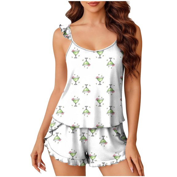Shrysg Women's Casual Two Piece Pajama Set Floral Print Soft Spaghetti Strap Shorts and Top Lightweight Homewear Sleepwear White