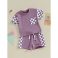 thumbnail image 4 of Yunliwuli Infant Girls Summer Clothes Outfits Checkerboard Patchwork Crew Neck Short Sleeve T-Shirts and Elastic Waist Shorts Suit, 4 of 10