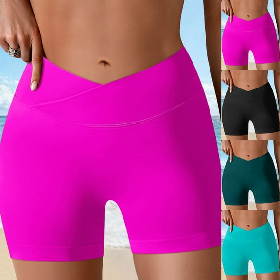 TTUHYWXI Women's 4" Swim Shorts High Waisted Swimsuit Bottoms Cross Waist Bathing Suit Swimwear Boy Shorts (Red, M)