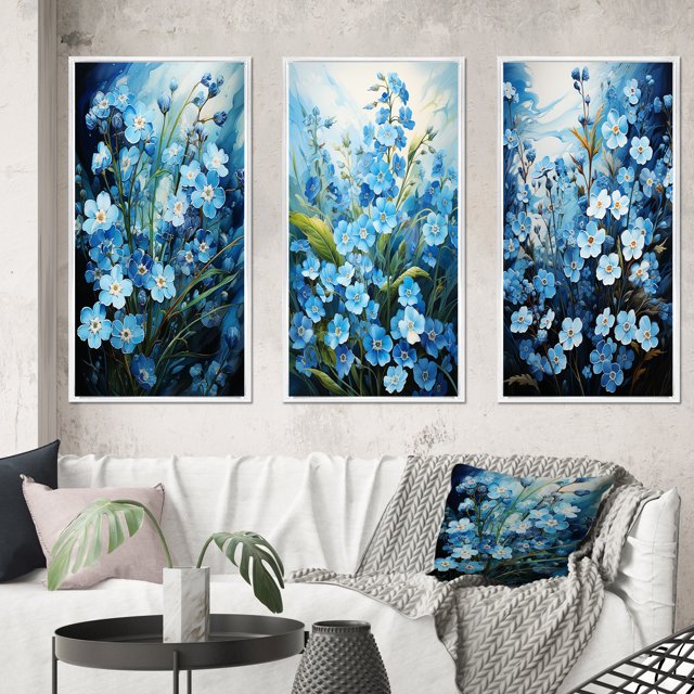 Designart "pasture Of Forgetmenots Flowers III" Floral & Botanical Framed Wall Art Set Of 3 - Blue Meadow Frame Gallery Wall Set For Home Decor