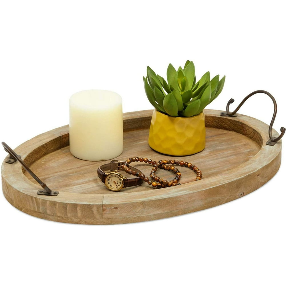 Wood Farmhouse Oval Coffee Table Serving Tray Platter with Handles