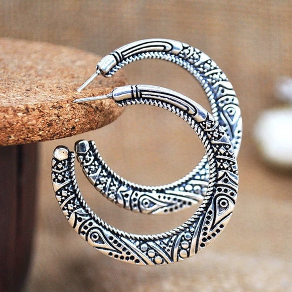 SmartBy Vintage Women Silver Plated Carved Circle Dangle Ear Stud Earrings Jewelry Gift