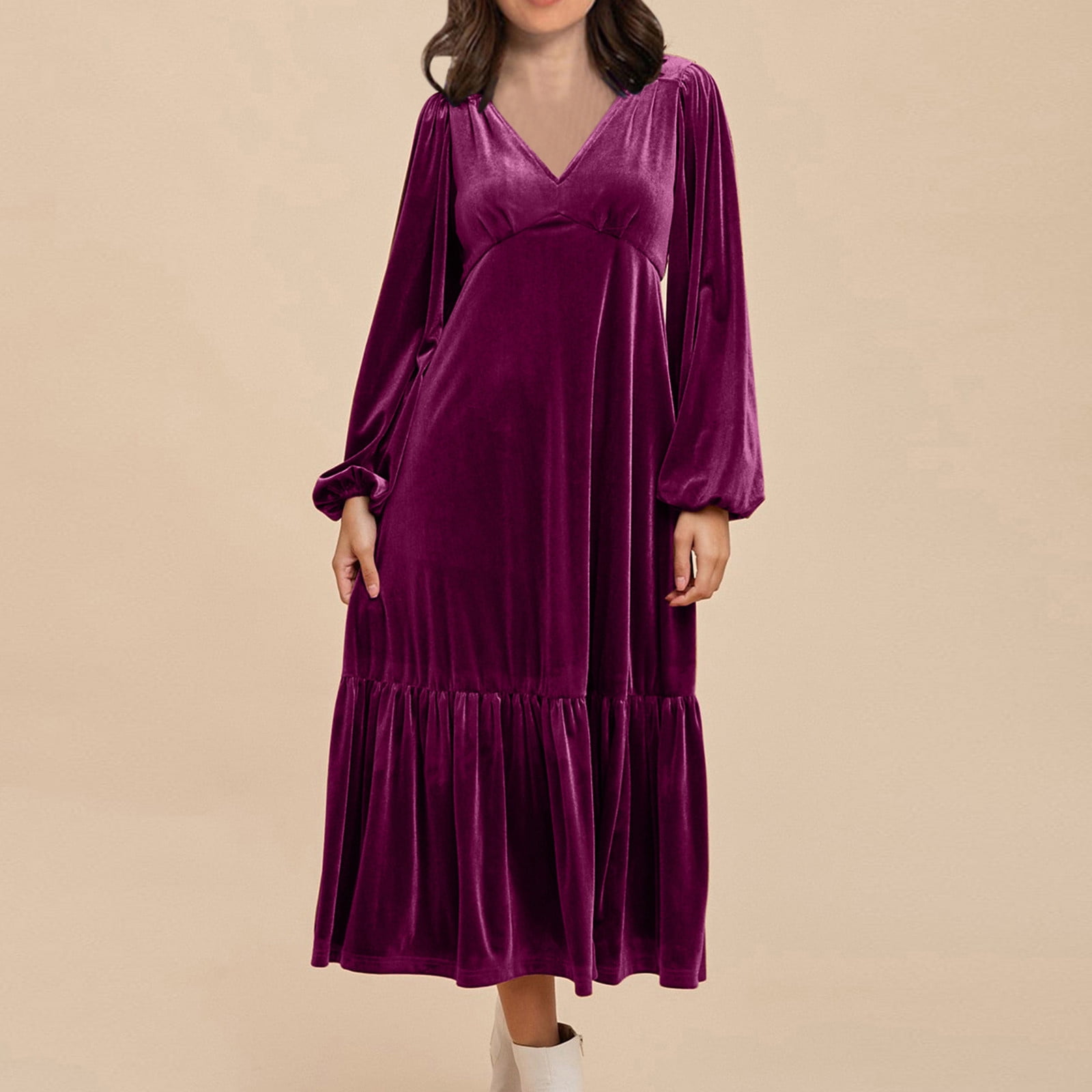 Women's Dressy Dress Puff Long Sleeve V Neck Tiered Casual Loose Velvet Dress Trendy Cocktail Party Night Elegant Midi Dress Purple,L