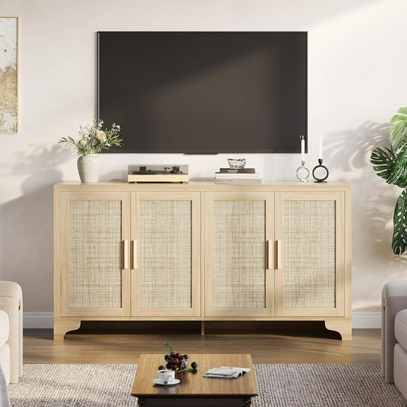 M optimized TV Stand for TVs Up to 70'', Natural Rattan Entertainment Center with Storage Cabinets, Boho Media Console Table for Living Room, Farmhouse Cabinet