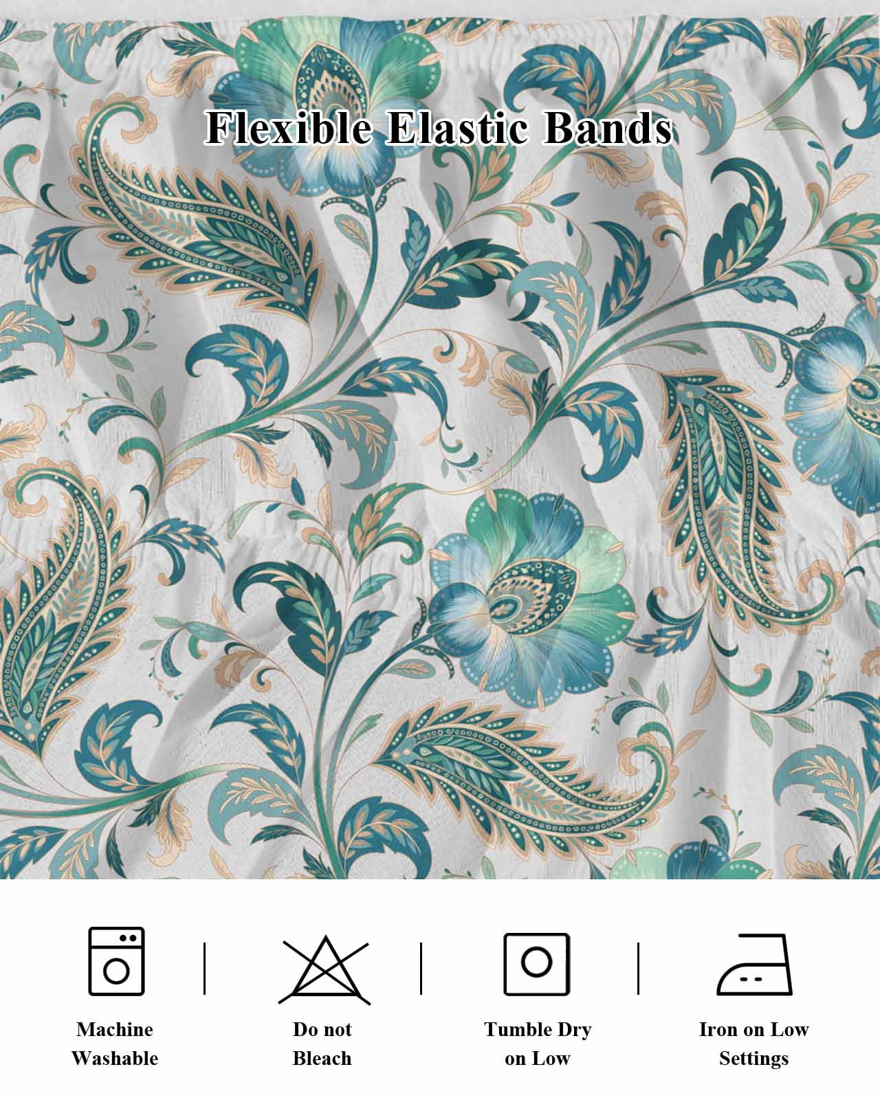 Teal Paisley Floral Wrap Around Bed Skirts for Queen Bed 16" Drop,Bed Skirt with Adjustable Elastic Belt Dust Ruffle Bed Valance for Bedroom Hotel Luxury Boho Ethnic Tribe Traditional Bed Frame Cover