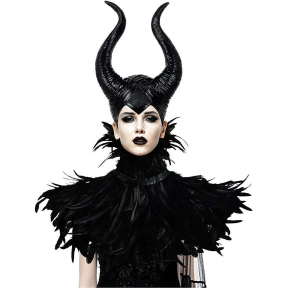 VZQI Evil Queen Feather Horns Costume for Women Black Cape Headpiece Shawl Accessories